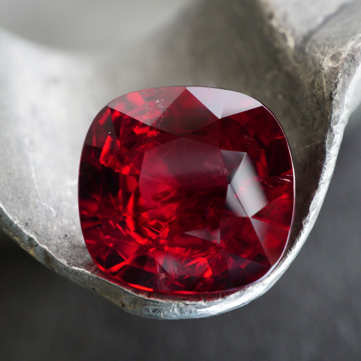 A 6.25-carat, cushion-shaped red spinel from the Jogani collection.